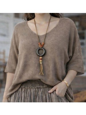 İkom V Yaka Oversize Merserize Dokulu Mevsimlik Örme Kazak