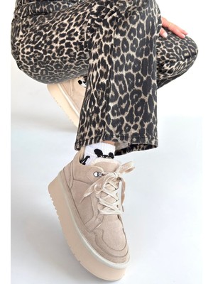 Erbilden Muden Bej Süet Bağcıklı Bot, Içi Kürklü, 4 cm Topuklu