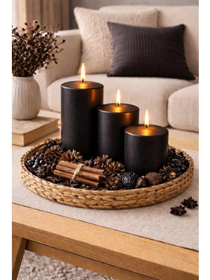 İzmir Candle 3'lü Siyah Silindir Mum Seti 7*7/10/15 Dekoratif Mum