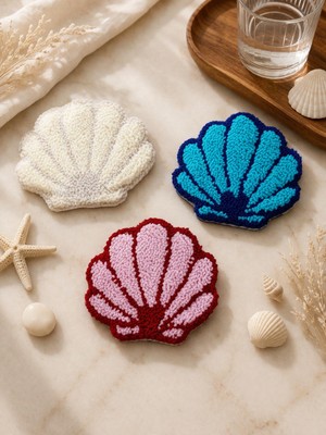 Gaonk Marine Konseptli El Yapımı Punch Nakışlı 3'lü Deniz Kabuğu Bardak Altlığı - Dekoratif Masa Aksesuar