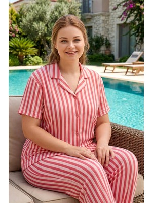 Remsa Kadın Kısa Kol Milan Kumaş Pijama Takımı 50501-1968 Koyu Pembe