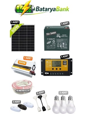 BataryaBank 50W Güneş Paneli ile 12V 24AH Jel Akü Bağ Evi için Solar Set Aydınlatma ve Telefon Şarjı