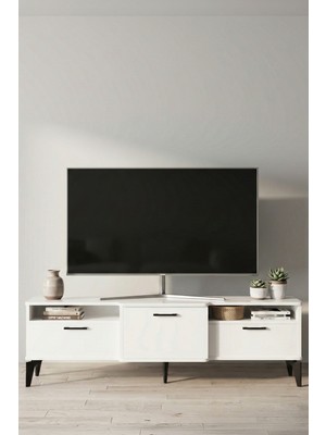 Gold Falez Tv Sehpası 160 cm Kapaklı Raflı Televizyon Ünitesi Salon Oturma Odası Tv Sehpa 5074 Beyaz