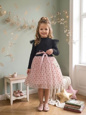 Lina Baby Bloomm Uzun Kollu Kız Bebek Elbise Tül Etekli Fiyonklu Şık Model