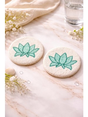 Gaonk El Yapımı Punch Nakış Nilüfer (Lotus) Çiçekli Bardak Altlığı 2'li Set - Yoga Meditasyon Dekor