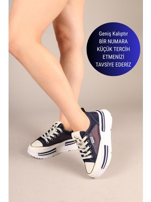 White Line Prens 172 Kadın Fileli Denim Kalın Taban Sneaker Ayakkabı Kot Mavi