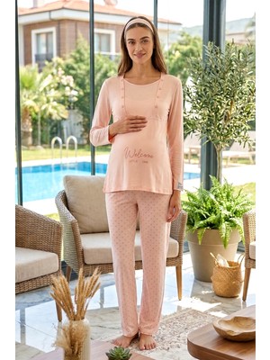 Remsa Hamile Kadın Modal Kumaş Uzun Kol Lohusa Pijama Takımı 3322 Pudra