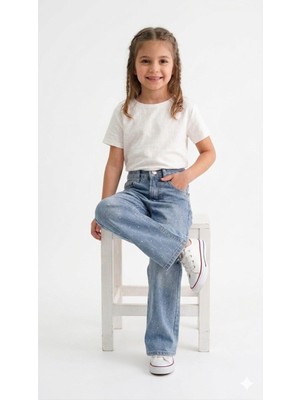 HaanBebe Kız Çocuk Taşlı Geniş Paça Jean Pantolon - Açık Mavi Ispanyol Paça Denim