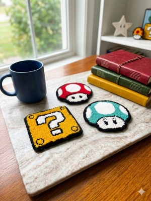 Gaonk El Yapımı Punch Nakışlı 3'lü Super Mario Temalı Bardak Altlığı Seti - Retro Gamer Hediye