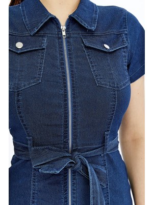 Select Moda Kadın Denim Önü Fermuarlı Kemer Detaylı Mini Elbise