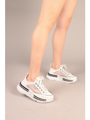 White Line Prens 172 Kadın Fileli Denim Kalın Taban Sneaker Ayakkabı Beyaz