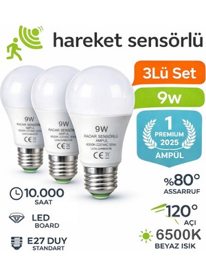 Neler Geldi Neler Hareket Sensörlü LED Lamba 3 Adet Let Ampül Beyaz Işık 9W %80 Tasarruflu Otomatik Yanıp Söner