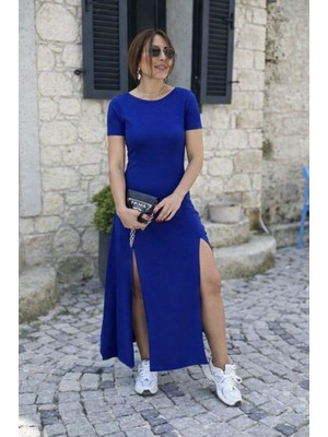 byasafkids Kadın Kısa Kollu Sırt Dekolteli Yırtmaç Detaylı Viskon Elbise