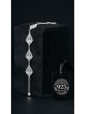 Roza Silver 925 Ayar Geleneksel Telkari El Işi Karo Mekik Motifli Sıralı Gümüş Bileklik