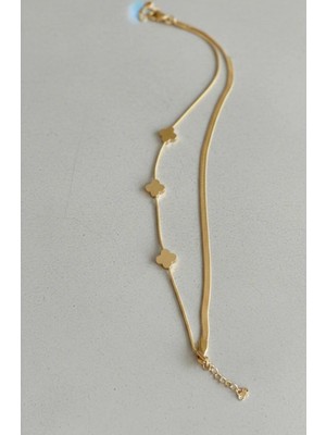 Bella Kadın Italyan Ezme Yonca Detaylı Ikili Zincirli Paslanmaz Çelik Bileklik