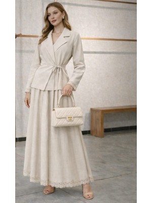 Mikxim Dantel Detaylı Önü Bağlamalı Etek Ceket Ikili Modal Kumaş Takım