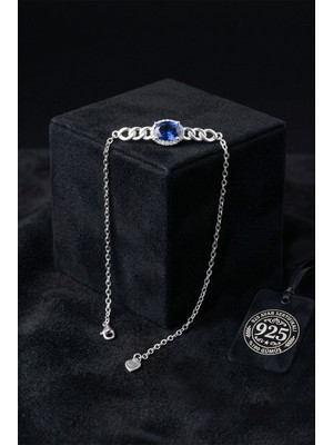 Roza Silver 925 Ayar Gümüş Rodyum Renk Safir Taşlı Gurmet Zincir Detaylı Bileklik