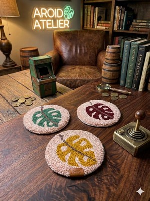 Gaonk El Yapımı Punch Nakış Deve Tabanı (Monstera) Bardak Altlığı Seti 3'lü - Modern Ev Dekor