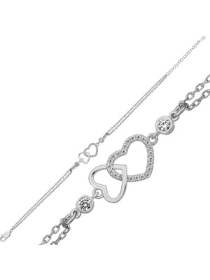 Bazarhane Gümüş Çift Kalp Zirkon Taşlı Kadın Bileklik