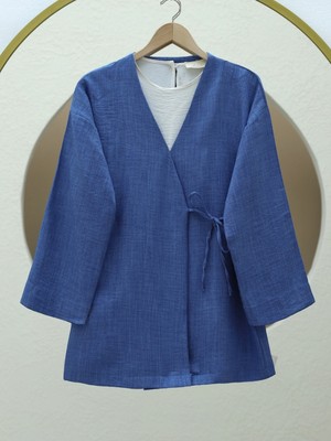 Modamorfo Yandan Bağlamalı Keten Kimono -Indigo