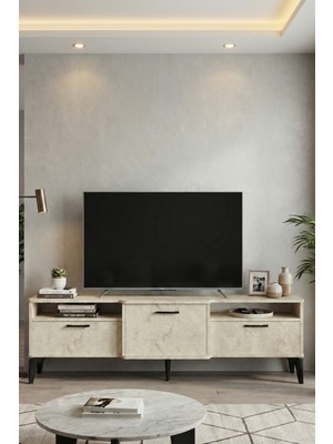 Gold Falez Tv Sehpası 160 cm Kapaklı Raflı Televizyon Ünitesi Salon Oturma Odası Tv Sehpa 5076 Traverten