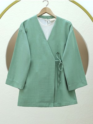 Modamorfo Yandan Bağlamalı Keten Kimono -Su Yeşili