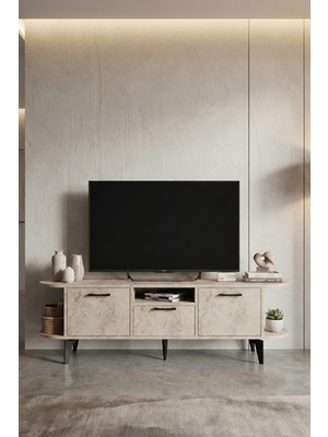 Gold Falez Tv Sehpası 160 cm Modern 3 Kapaklı Tv Sehpa Çok Amaçlı Konsol Ünitesi 5036 Traverten