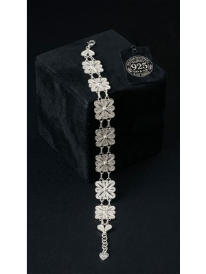 Roza Silver 925 Ayar Geleneksel Telkari El Işi Kare Çiçek Motifli Kelepçe Gümüş Bileklik