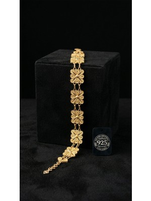 Roza Silver 925 Ayar Geleneksel Telkari El Işi Altın Kaplama Kare Çiçek Kelepçe Gümüş Bileklik