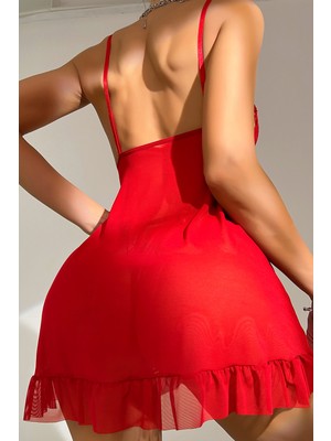 Amora Fancy Clothing Kadın Kırmızı Dantelli, Fırfırlı Tül ve Fiyonk Detaylı Tangalı Gecelik Takımı