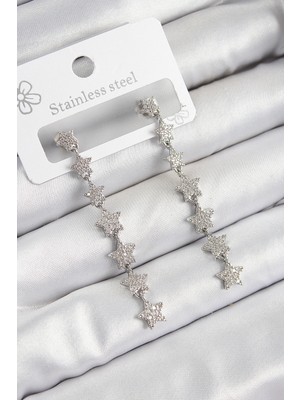 Krm Pirinç Zirkon Taşlı Sallantılı Yıldız Model Gümüş Renk Kadın Küpe Krm