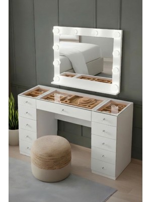 Setay Aynalı Makyaj Masası, Velvet Cam Üst Bölmeli Takı Düzenleyicili Şifonyer