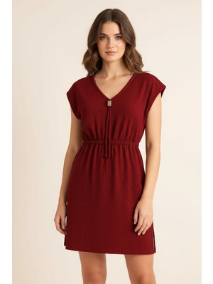 Amora Fancy Clothing Kadın Bordo Yanları Yırtmaçlı Tokalı V Yaka Mini Plaj Elbisesi