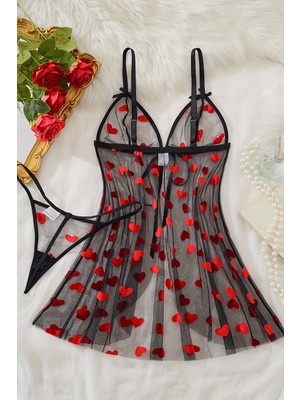Amora Fancy Clothing Kalp Desenli Siyah Transparan Gecelik TM1378