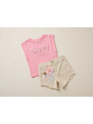 Mutlu Bebe Kız Çocuk Yazlık Takım Happy Days Nakışlı - Çiçek Aplikeli Kot Şortlu 2’li Kombin,günlük & Bayramlık