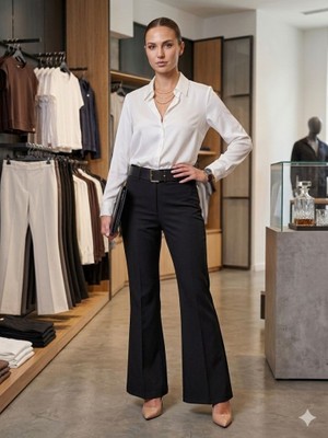 CGA Kadın Siyah Beli Kemerli Ispanyol Paça Pantolon