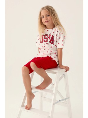 Amora Fancy Clothing Us Polo 1831-G Kız Çocuk Kalpli Şort Takım