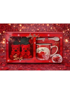 Eng Parti Dünyası Love Temalı Ayıcık, Gül ve Kupa Hediye Seti