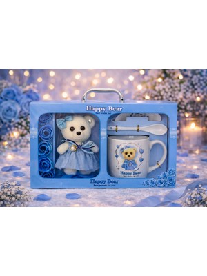 Eng Parti Dünyası Ayıcık Figürlü Kupa, Tabak ve Dekoratif Gül Hediye Seti Eng-Kb-33-Mavi