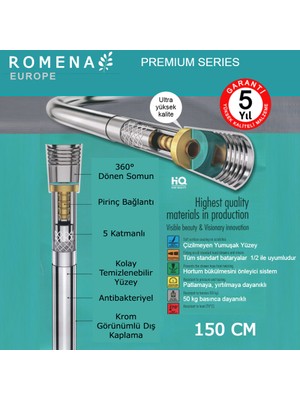 Romena Krom Neoflex Pvc Patlamaz Dolaşmaz Antibakteriyel Duş Hortumu - 5 Yıl Garantili - Ultra Dayanıklı (RM-1010)