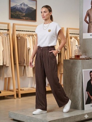 CGA Kadın Tensel Pantolon  Çift Pileli Bol Paça Tencel Pantolon