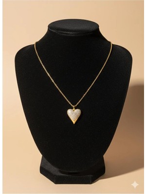 Bella Kadın Taşlı Kalpli Model Altın Kaplı Kolye Uclu Şık Paslanmaz Çelik Zincirli Kolye
