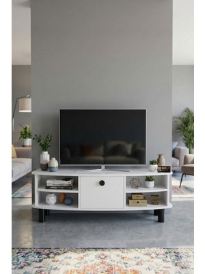Gold Falez Tv Sehpası 136 cm Kapaklı Raflı Çok Amaçlı Televizyon Ünitesi Salon Oturma Odası Vienna 5015 Beyaz