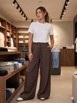 CGA Kadın Keten Pantolon Kahverengi Keten Pantolon