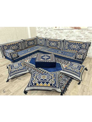 Coton Şark Köşesi L Şeklinde Minder Takımı Konsept Lacivert 14 Parça