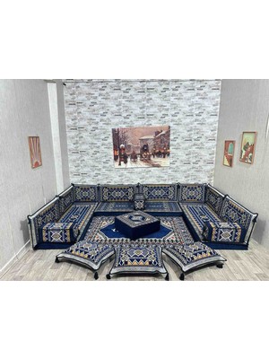 Coton Şark Köşesi Lüks Yer Minderi Takımı Konsept Lacivert 19 Parça