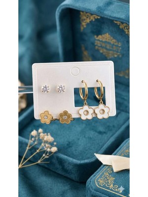 Bella Kadın 3lü Çiçek Model Paslanmaz Celik Takım Küpe