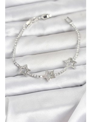 Pirinç Gümüş Renk Yıldız Model Zirkon Taşlı Su Yolu Kadın Bileklik - Lisinya