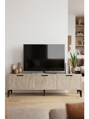 Gold Falez Tv Sehpası 160 cm Tv Ünitesi Kapaklı Modern Şık Minimal Salon Konsolu Royal 5092 Traverten