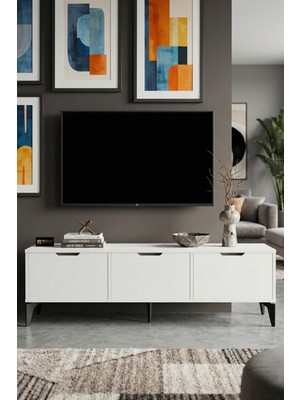 Gold Falez Tv Sehpası 160 cm Tv Ünitesi Kapaklı Modern Şık Minimal Salon Konsolu Royal 5091 Beyaz